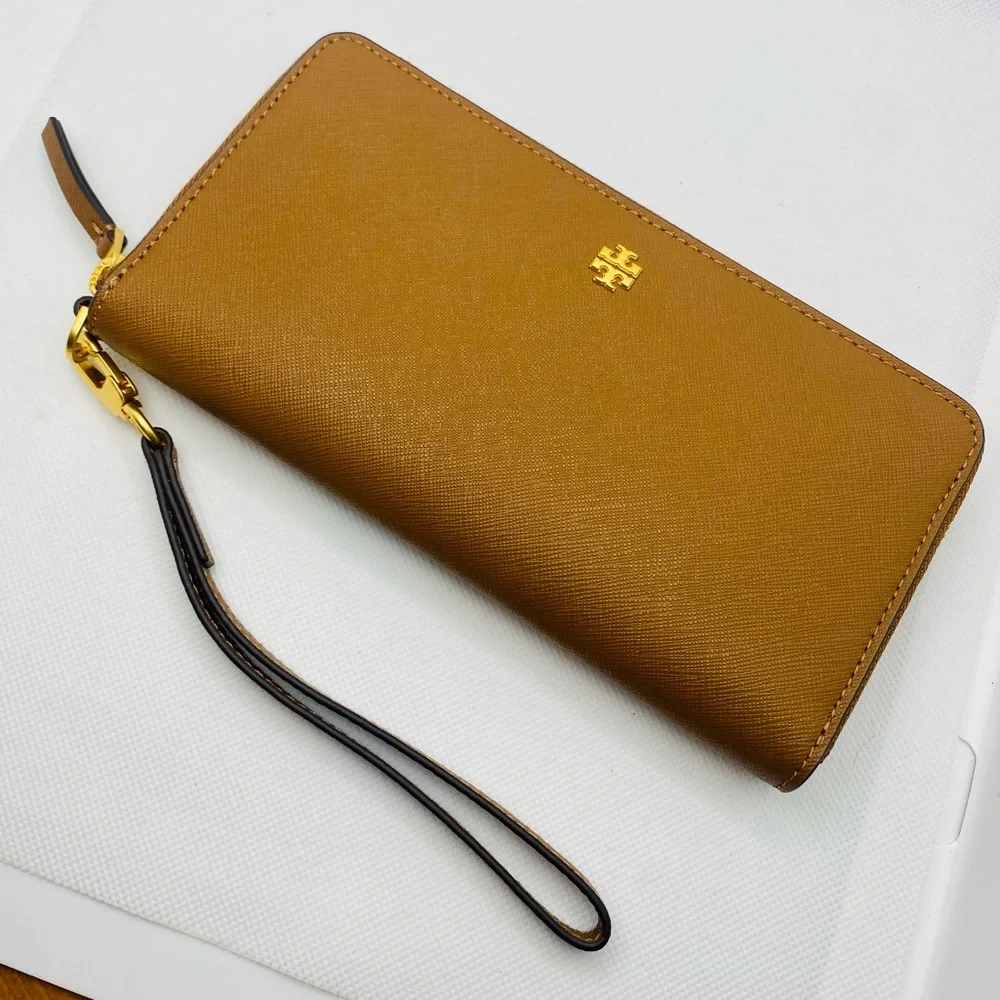 NEW! Tory Burch Emerson Moose Brown Leather Zip Continental Wallet